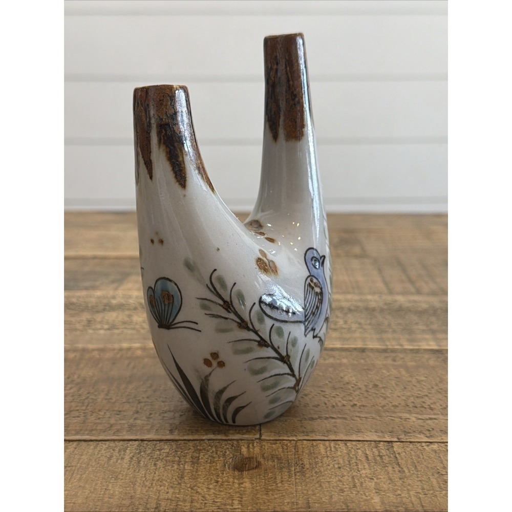 Vintage Tonala Mexico Double Spout Ceramic Vase 5 ¾" Folk Art Pottery Unsigned - Picture 3 of 10